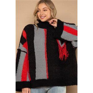 POL Turtleneck Color Block Fringe Detail Sweater